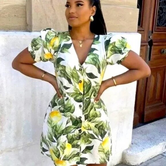 H&M Linen Blend Mini Dress S Lemon Leaf Print Cotton Blogger Fav Summer Vacation - Picture 7 of 14